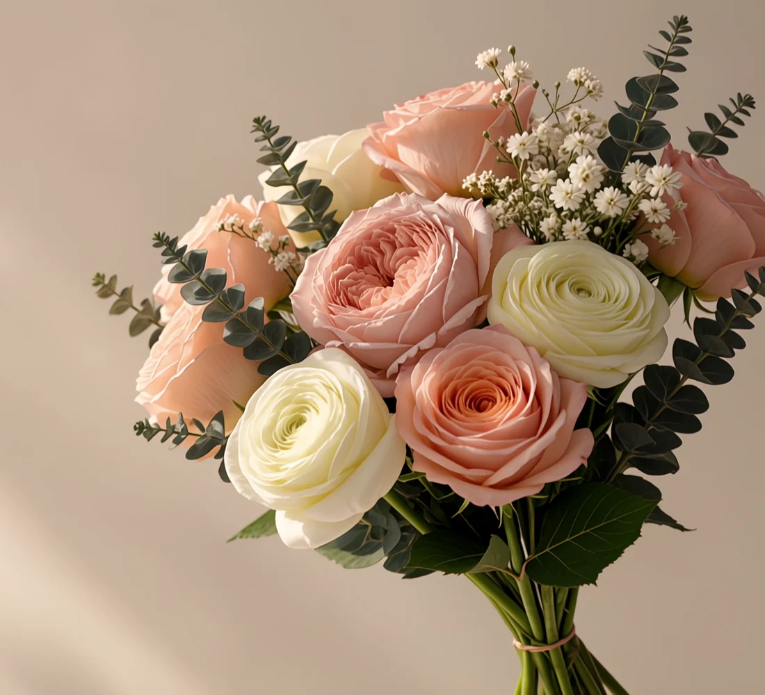 Bouquet de roses de jardin, renoncules et eucalyptus dans la lumière